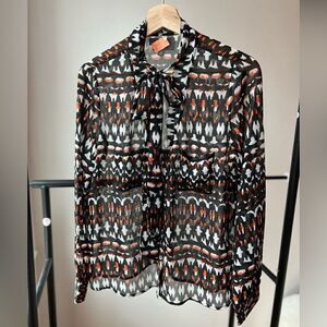 PJK Patterson J Kincaid Womens Top Size M Black Printed Blouse Shirt Long Sleeve